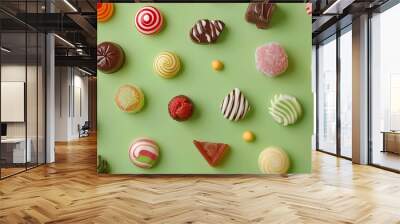 A variety of colorful candies and chocolates are scattered across a green background. Wall mural