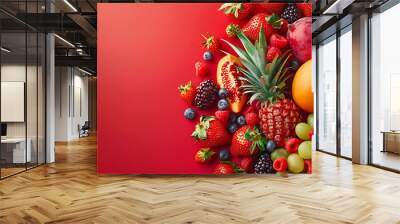 A variety of fresh fruits like strawberries, blueberries, raspberries, grapes, mango, pineapple on a red background. Wall mural