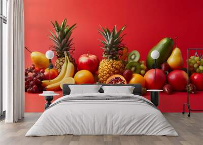 A variety of fresh fruits on a red background. Wall mural