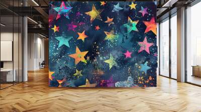 A vibrant, abstract pattern of colorful stars and paint splatters on a dark blue background. Wall mural