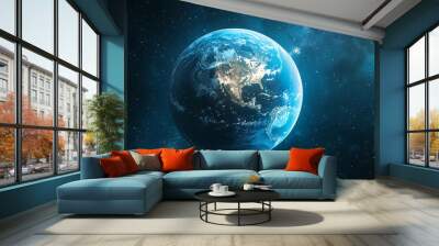 A vibrant blue Earth with glowing city lights against a starry, dark blue backdrop. Wall mural