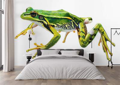 A vibrant green and yellow frog with black spots, leaping in mid-air. Wall mural