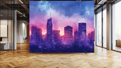 A watercolor-style illustration of a city skyline at dusk. Wall mural