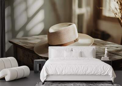 A white straw hat with a brown leather band sits on a wooden table in a sunlit room. Wall mural