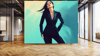 A woman in a black suit with a confident pose. Wall mural