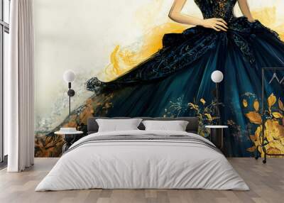 A woman in a flowing dark blue gown with gold floral embroidery. Wall mural