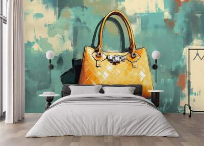 A yellow handbag with silver hardware on a blue and white background. Wall mural