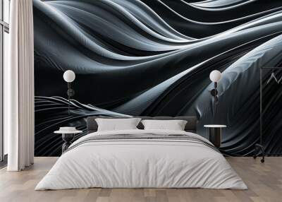 Abstract background with flowing, black, 3D shapes. Wall mural