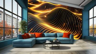 Abstract background with glowing gold lines forming a wave pattern. Wall mural