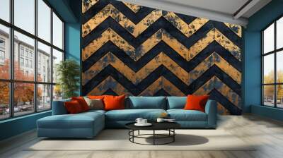 Abstract chevron pattern in black and gold, with a distressed, industrial look. Wall mural