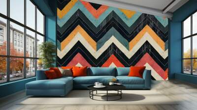 Abstract chevron pattern in vibrant colors with distressed texture. Wall mural