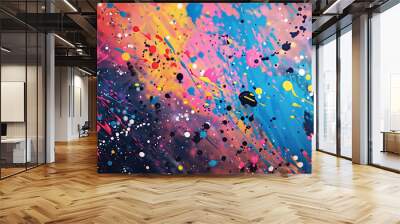 Abstract colorful paint splatters on a black background. Wall mural