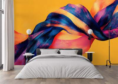 Abstract colorful ribbon swirls on yellow background. Wall mural