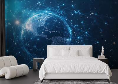 Abstract digital illustration of a glowing globe with interconnected lines and points. Wall mural