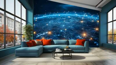 Abstract digital illustration of Earth with glowing lines and nodes, symbolizing global connection. Wall mural