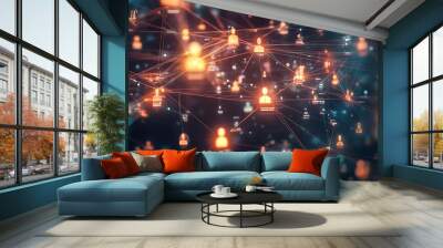 Abstract digital network with glowing lines and icons. Wall mural