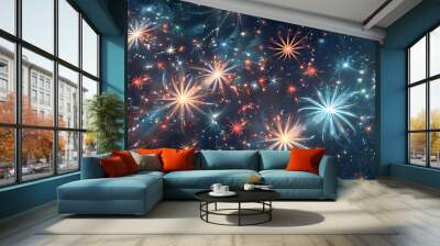 Abstract fractal art of colorful fireworks bursting in the night sky. Wall mural