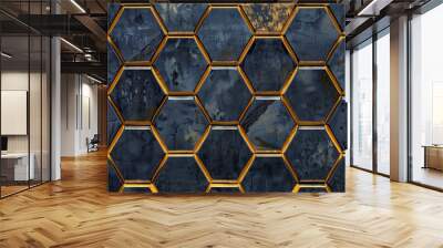 Abstract geometric pattern of blue hexagonal tiles with gold trim. Wall mural