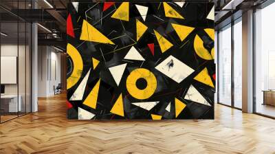 Abstract geometric pattern with yellow, red, and white shapes on a black background. Wall mural