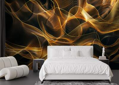 Abstract glowing lines form a wavy pattern on a black background. Wall mural