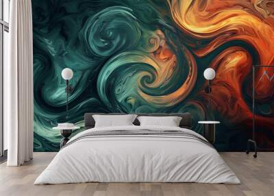 Abstract swirl pattern in green and orange colors. Wall mural