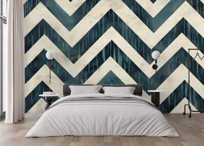 An abstract chevron pattern in shades of blue and white with a distressed texture. Wall mural