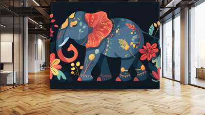 An elephant with colorful floral patterns against a dark blue background. Wall mural