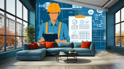 An engineer in a hard hat and work uniform holds a clipboard. Wall mural