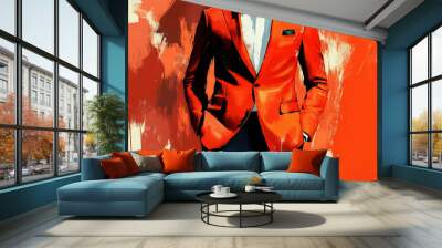 An illustration of a man in a bright orange suit and white shirt. Wall mural