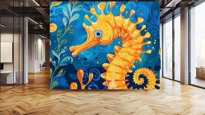 An illustration of a seahorse with colorful coral and seaweed on a blue background. Wall mural