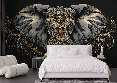 An ornate illustration of an elephant's head with intricate patterns and gold accents. Wall mural