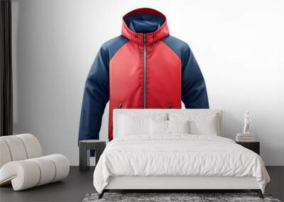 Blank red and blue bomber jacket with zipper and hood, isolated on white. Wall mural