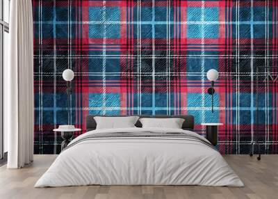 Blue, red, and white plaid pattern with grunge texture. Wall mural