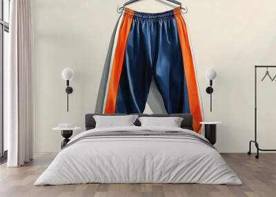 Blue sweatpants with white and orange stripes. Wall mural