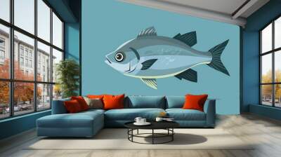 Cartoon illustration of a fish on a blue background. Wall mural