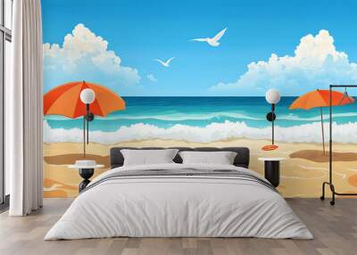 Cartoon summer beach scene with two orange umbrellas, blue sky, white clouds, and blue water. Wall mural