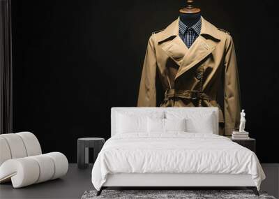 Classic tan trench coat on a mannequin against a dark background. Wall mural