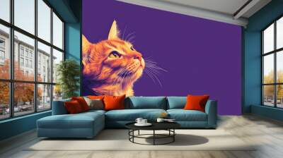 Close up of a cat looking upwards, with a purple background. Wall mural