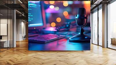 Close-up of a microphone in a home studio with a computer monitor and keyboard. Wall mural