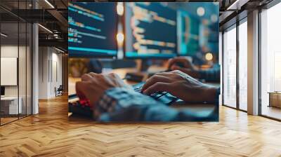 Close-up of a programmer's hands typing on a keyboard in front of a computer screen displaying code. Wall mural