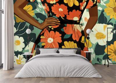 Close up of a woman wearing a floral dress with a black background. Wall mural