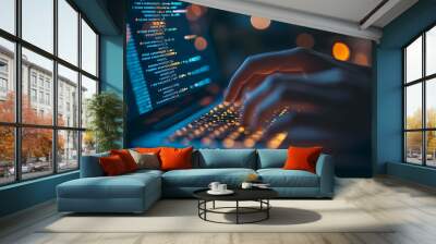 Close up of hands typing on backlit keyboard with computer code visible on the screen. Wall mural