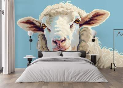 Close-up portrait of a sheep with fluffy white fur. Wall mural