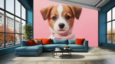 Close up portrait of a small brown and white puppy wearing a pink bow tie. Wall mural