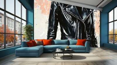 Closeup of a black leather jacket on a white background with abstract paint splatters. Wall mural