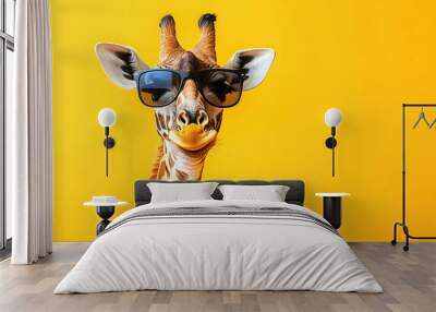 Closeup of a giraffe wearing sunglasses and a bowtie, looking at the camera. Wall mural