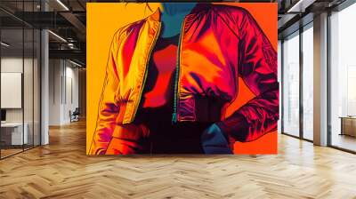 Closeup of a woman wearing a bright red bomber jacket. Wall mural