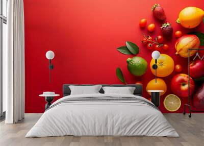 Colorful, fresh fruit and vegetables on a red background. Wall mural