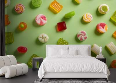 Colorful candies arranged in a pattern on a green background. Wall mural