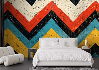 Colorful chevron pattern with distressed texture. Wall mural